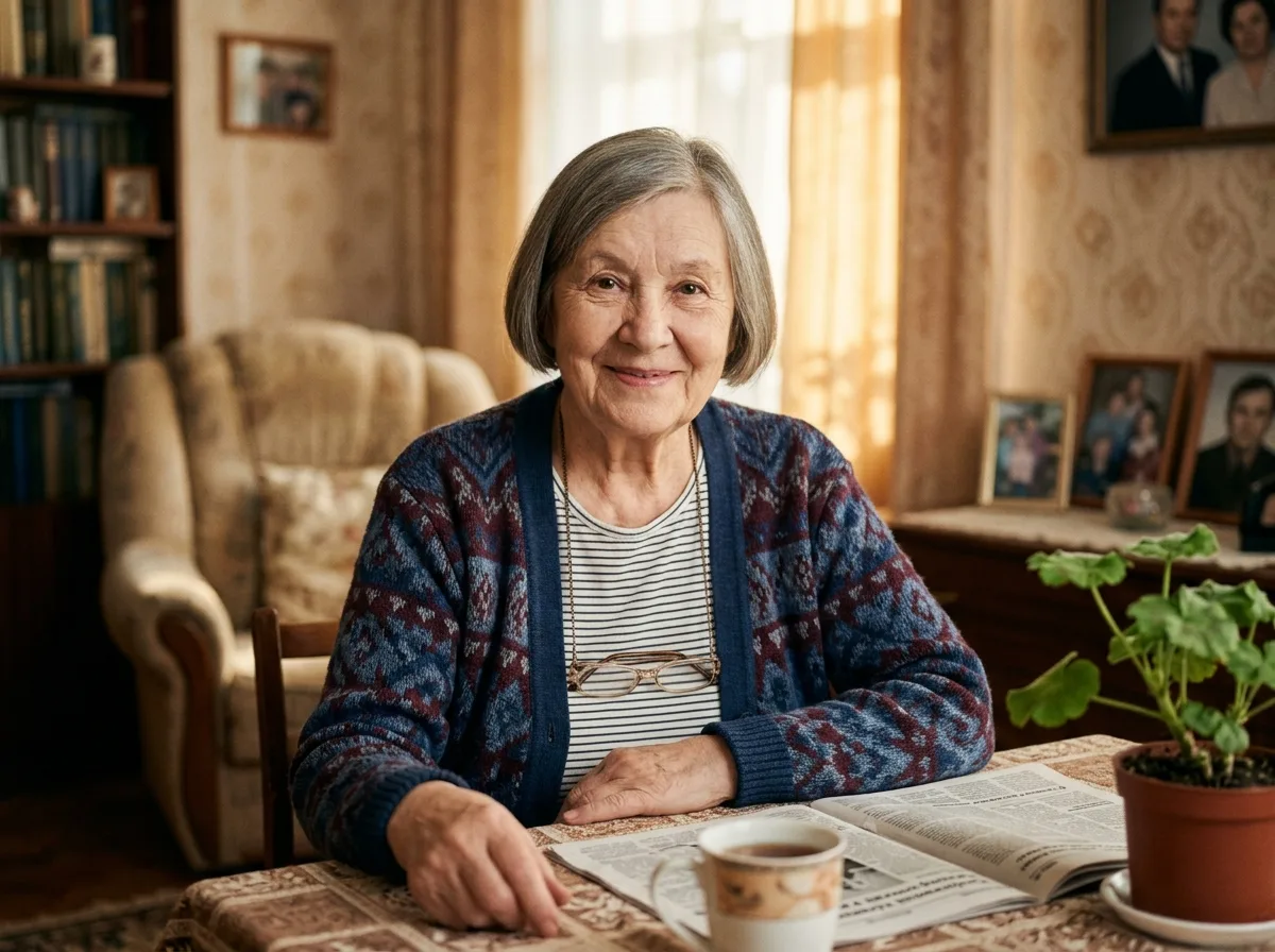 портрет пожилой женщины, мягкое выражение лица, домашняя обстановка, фото для раздела отзывов